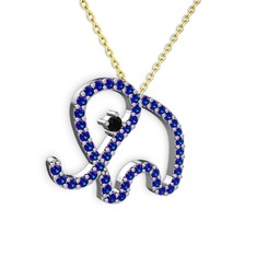 Taşlı Fil Kolye - Lab safir ve siyah zirkon 18 ayar beyaz altın kolye (40 cm altın rolo zincir) #1fh9f9x