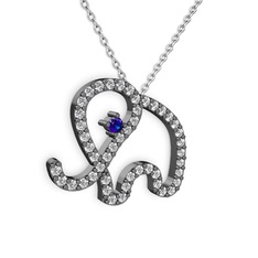 Taşlı Fil Kolye - Pırlanta ve lab safir 925 ayar siyah rodyum kaplama gümüş kolye (0.036 karat, 40 cm beyaz altın rolo zincir) #1fyt97b