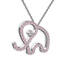 Pembe kuvars ve beyaz zirkon 14 ayar beyaz altın kolye (40 cm gümüş rolo zincir)