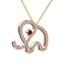 Taşlı Fil Kolye - Pırlanta ve rodolit garnet 18 ayar rose altın kolye (0.036 karat, 40 cm altın rolo zincir) #1g844b