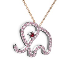 Pembe kuvars ve garnet 8 ayar beyaz altın kolye (40 cm gümüş rolo zincir)