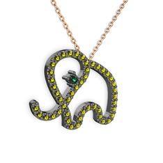 Taşlı Fil Kolye - Peridot ve yeşil kuvars 925 ayar siyah rodyum kaplama gümüş kolye (40 cm rose altın rolo zincir) #1gv5q21