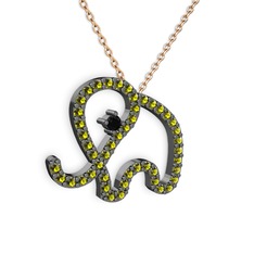 Taşlı Fil Kolye - Peridot ve siyah zirkon 925 ayar siyah rodyum kaplama gümüş kolye (40 cm rose altın rolo zincir) #1gvryd5