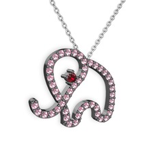 Taşlı Fil Kolye - Pembe kuvars ve garnet 925 ayar siyah rodyum kaplama gümüş kolye (40 cm beyaz altın rolo zincir) #1gzhq83