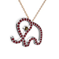 Taşlı Fil Kolye - Garnet ve dumanlı kuvars 14 ayar beyaz altın kolye (40 cm rose altın rolo zincir) #1h85uh6