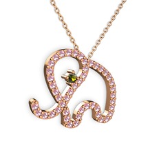 Taşlı Fil Kolye - Pembe kuvars ve peridot 925 ayar rose altın kaplama gümüş kolye (40 cm rose altın rolo zincir) #1ij71yl