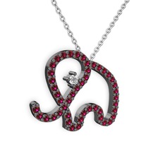Taşlı Fil Kolye - Rodolit garnet ve swarovski 925 ayar siyah rodyum kaplama gümüş kolye (40 cm beyaz altın rolo zincir) #1ik940d