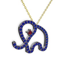 Taşlı Fil Kolye - Lab safir ve garnet 925 ayar siyah rodyum kaplama gümüş kolye (40 cm altın rolo zincir) #1jsapsw