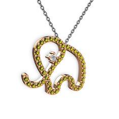 Taşlı Fil Kolye - Peridot ve beyaz zirkon 18 ayar rose altın kolye (40 cm gümüş rolo zincir) #1k9r99e