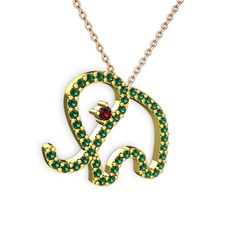 Taşlı Fil Kolye - Yeşil kuvars ve rodolit garnet 18 ayar altın kolye (40 cm rose altın rolo zincir) #1kjol6v