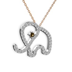 Taşlı Fil Kolye - Beyaz zirkon ve dumanlı kuvars 925 ayar gümüş kolye (40 cm rose altın rolo zincir) #1kw3bit
