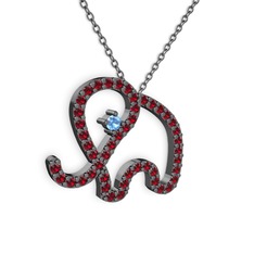 Taşlı Fil Kolye - Garnet ve akuamarin 925 ayar siyah rodyum kaplama gümüş kolye (40 cm gümüş rolo zincir) #1lmk6fi