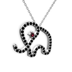 Taşlı Fil Kolye - Siyah zirkon ve rodolit garnet 8 ayar beyaz altın kolye (40 cm gümüş rolo zincir) #1lqzlwk