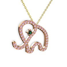 Taşlı Fil Kolye - Pembe kuvars ve yeşil kuvars 925 ayar rose altın kaplama gümüş kolye (40 cm altın rolo zincir) #1lulynb