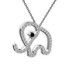 Taşlı Fil Kolye - Swarovski ve siyah zirkon 14 ayar beyaz altın kolye (40 cm gümüş rolo zincir) #1m3xfm2