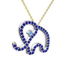 Taşlı Fil Kolye - Lab safir ve akuamarin 14 ayar beyaz altın kolye (40 cm altın rolo zincir) #1mnquyl