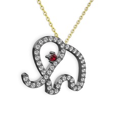 Taşlı Fil Kolye - Pırlanta ve garnet 925 ayar siyah rodyum kaplama gümüş kolye (0.036 karat, 40 cm gümüş rolo zincir) #1oiy931