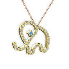 Taşlı Fil Kolye - Pırlanta ve akuamarin 8 ayar altın kolye (0.036 karat, 40 cm rose altın rolo zincir) #1ozl9ju