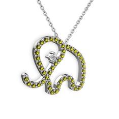 Taşlı Fil Kolye - Peridot ve beyaz zirkon 14 ayar beyaz altın kolye (40 cm gümüş rolo zincir) #1plxxv2