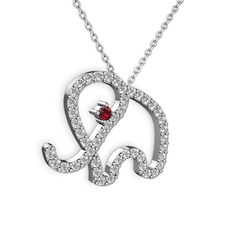 Taşlı Fil Kolye - Pırlanta ve garnet 14 ayar beyaz altın kolye (0.036 karat, 40 cm beyaz altın rolo zincir) #1qp8g1j