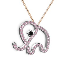 Taşlı Fil Kolye - Pembe kuvars ve siyah zirkon 18 ayar beyaz altın kolye (40 cm rose altın rolo zincir) #1qsut6b
