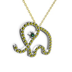 Taşlı Fil Kolye - Peridot ve yeşil kuvars 8 ayar beyaz altın kolye (40 cm altın rolo zincir) #1rbsagm