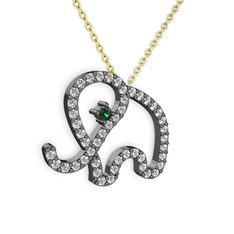 Taşlı Fil Kolye - Swarovski ve yeşil kuvars 925 ayar siyah rodyum kaplama gümüş kolye (40 cm altın rolo zincir) #1rmx0nj