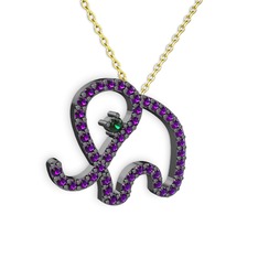 Taşlı Fil Kolye - Ametist ve yeşil kuvars 925 ayar siyah rodyum kaplama gümüş kolye (40 cm altın rolo zincir) #1rvmbt6