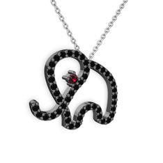 Taşlı Fil Kolye - Siyah zirkon ve rodolit garnet 925 ayar siyah rodyum kaplama gümüş kolye (40 cm beyaz altın rolo zincir) #1sga8py