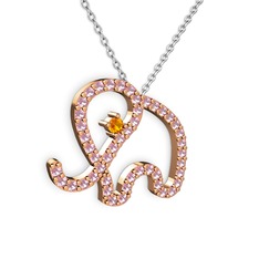 Pembe kuvars ve sitrin 8 ayar rose altın kolye (40 cm gümüş rolo zincir)