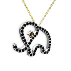 Taşlı Fil Kolye - Siyah zirkon ve dumanlı kuvars 14 ayar beyaz altın kolye (40 cm altın rolo zincir) #1tfap31