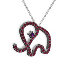 Taşlı Fil Kolye - Rodolit garnet ve ametist 925 ayar siyah rodyum kaplama gümüş kolye (40 cm beyaz altın rolo zincir) #1tgczzi
