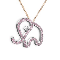 Taşlı Fil Kolye - Pembe kuvars ve swarovski 8 ayar beyaz altın kolye (40 cm rose altın rolo zincir) #1tthcs7