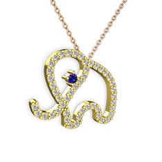 Taşlı Fil Kolye - Swarovski ve lab safir 8 ayar altın kolye (40 cm gümüş rolo zincir) #1uydldv