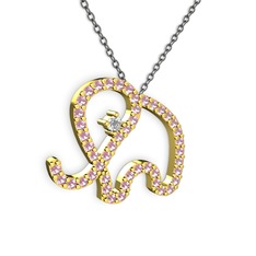 Taşlı Fil Kolye - Pembe kuvars ve swarovski 14 ayar altın kolye (40 cm gümüş rolo zincir) #1vhbe1l