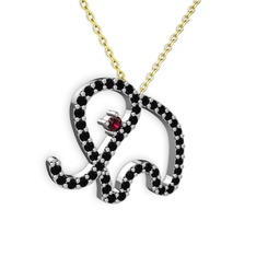 Taşlı Fil Kolye - Siyah zirkon ve rodolit garnet 18 ayar beyaz altın kolye (40 cm altın rolo zincir) #1wo1yip