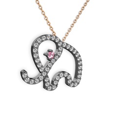 Taşlı Fil Kolye - Beyaz zirkon ve pembe kuvars 925 ayar siyah rodyum kaplama gümüş kolye (40 cm rose altın rolo zincir) #1wv25m4