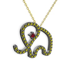 Taşlı Fil Kolye - Peridot ve garnet 925 ayar siyah rodyum kaplama gümüş kolye (40 cm gümüş rolo zincir) #2kyr7k