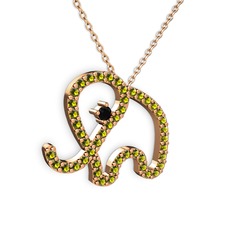 Taşlı Fil Kolye - Peridot ve siyah zirkon 8 ayar rose altın kolye (40 cm rose altın rolo zincir) #2m6jfm