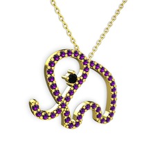 Taşlı Fil Kolye - Ametist ve siyah zirkon 925 ayar altın kaplama gümüş kolye (40 cm altın rolo zincir) #2mavaq