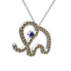 Taşlı Fil Kolye - Dumanlı kuvars ve lab safir 14 ayar beyaz altın kolye (40 cm gümüş rolo zincir) #3bvg8q