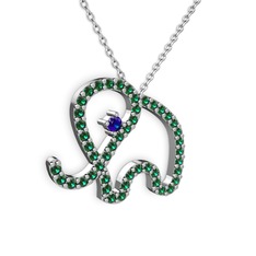 Taşlı Fil Kolye - Yeşil kuvars ve lab safir 14 ayar beyaz altın kolye (40 cm gümüş rolo zincir) #3lu0y7