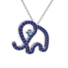 Taşlı Fil Kolye - Lab safir ve akuamarin 925 ayar siyah rodyum kaplama gümüş kolye (40 cm gümüş rolo zincir) #470qfi