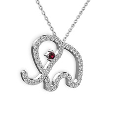 Taşlı Fil Kolye - Beyaz zirkon ve rodolit garnet 14 ayar beyaz altın kolye (40 cm beyaz altın rolo zincir) #4glezp