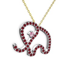 Taşlı Fil Kolye - Garnet ve pembe kuvars 14 ayar beyaz altın kolye (40 cm gümüş rolo zincir) #4qpuip
