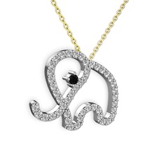 Taşlı Fil Kolye - Beyaz zirkon ve siyah zirkon 18 ayar beyaz altın kolye (40 cm altın rolo zincir) #5ct9st