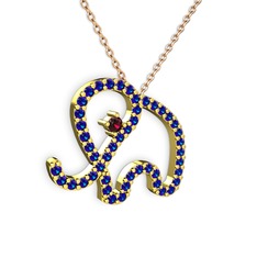 Taşlı Fil Kolye - Lab safir ve rodolit garnet 8 ayar altın kolye (40 cm rose altın rolo zincir) #5lpx7r