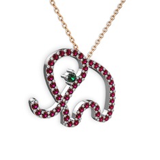 Taşlı Fil Kolye - Rodolit garnet ve yeşil kuvars 14 ayar beyaz altın kolye (40 cm gümüş rolo zincir) #6a3rq5