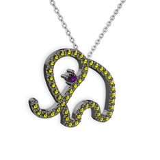 Taşlı Fil Kolye - Peridot ve ametist 925 ayar siyah rodyum kaplama gümüş kolye (40 cm beyaz altın rolo zincir) #6jwg3s