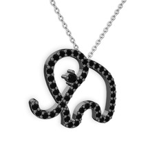 Taşlı Fil Kolye - Siyah zirkon 925 ayar siyah rodyum kaplama gümüş kolye (40 cm beyaz altın rolo zincir) #6yetio